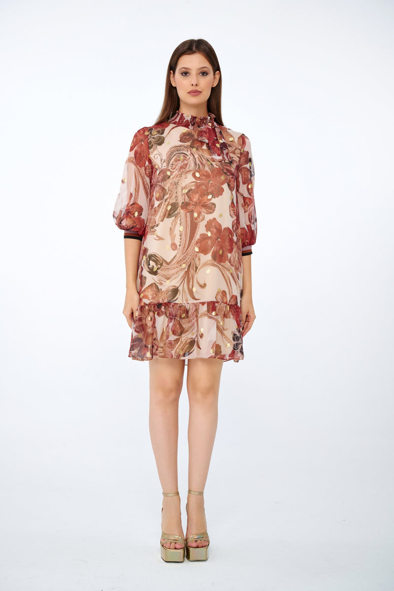 Çiçek Desenli Dik Yaka Balon Kollu Şifon Elbise · Pudra-Bordo