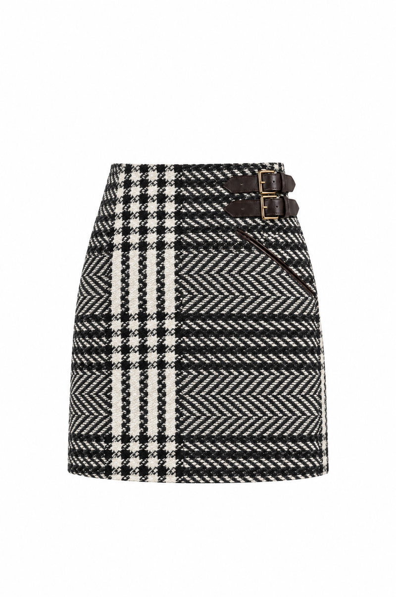 Çift Kemerli Ekose Mini Etek · Siyah Ekose