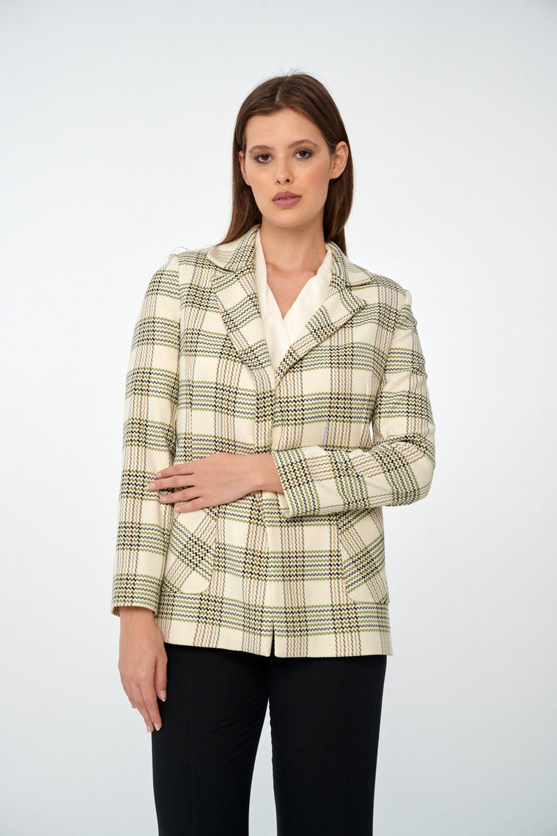 Ekose Kruvaze Blazer Ceket · Ekru-Haki