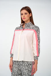 Yazı Desenli Kollu Pembe Şeritli Oversize Gömlek
