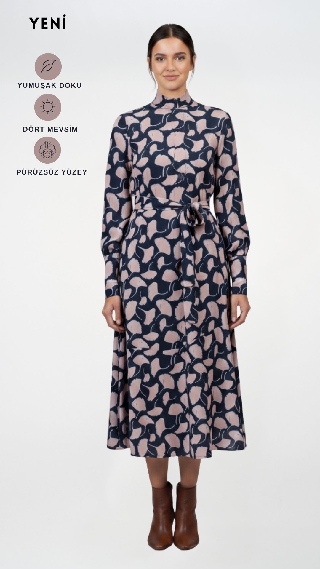 Bej Desenli Viskon Midi Elbise