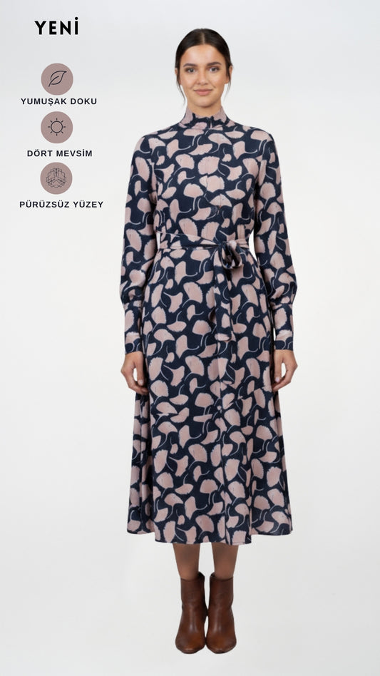 Bej Desenli Viskon Midi Elbise