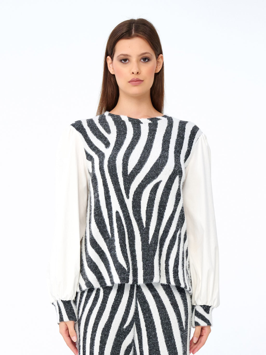 Siyah-Ekru - Farren Zebra Desenli Balon Kollu Triko Bluz - FRN91031 - Model on white - front