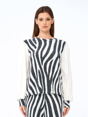 Zebra Desenli Poplin Balon Kollu Triko Bluz