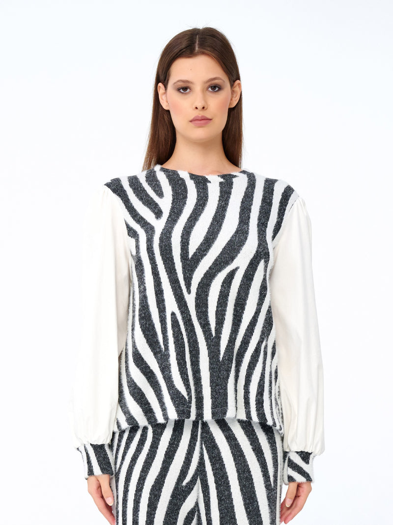 Zebra Desenli Poplin Balon Kollu Triko Bluz · Siyah-Ekru