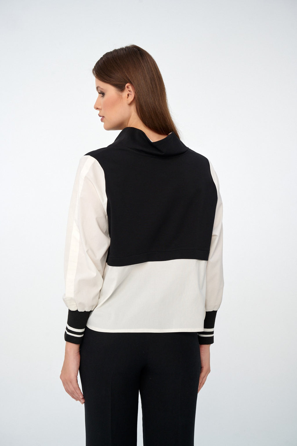 Siyah-Ekru - Farren Şal Yaka Renk Bloklu Yazı Cepli Gömlek - FRN9123 - Model on white - back/side