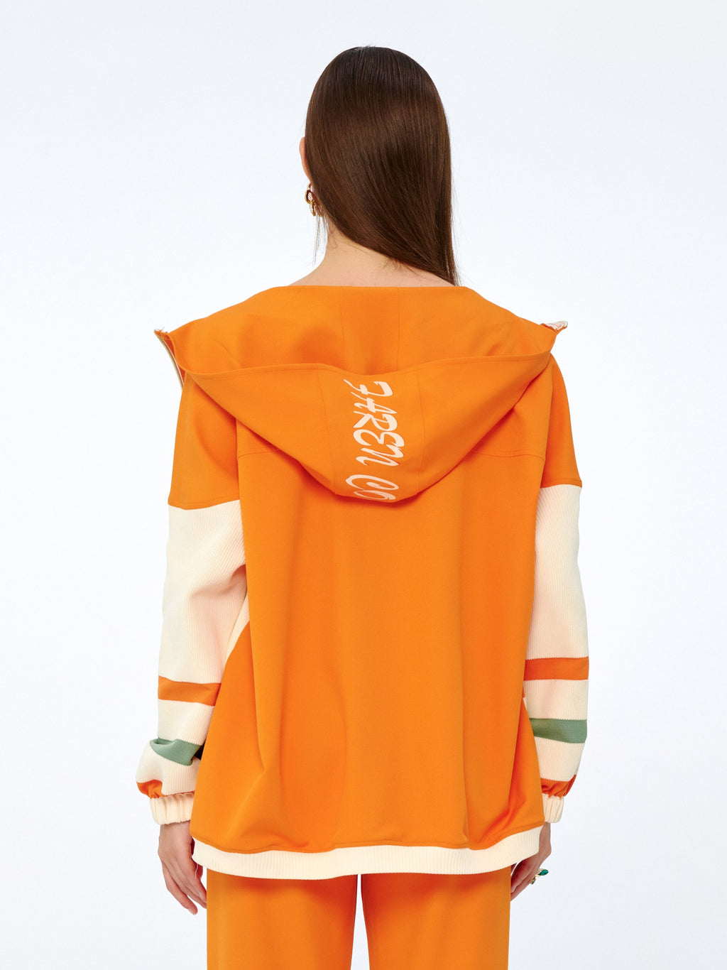 Turuncu-Ekru - Farren Çizgili Kapüşonlu Triko Hırka - FRN91151 - Model on white - back/side
