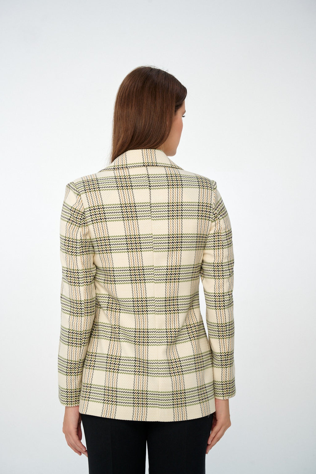 Ekru-Haki - Farren Ekose Kruvaze Blazer Ceket - FRN9145 - Model on white - back/side