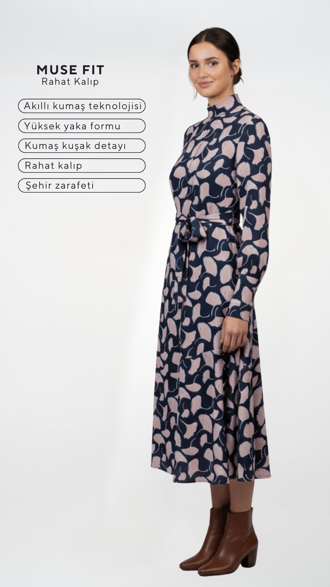 Bej Desenli Viskon Midi Elbise