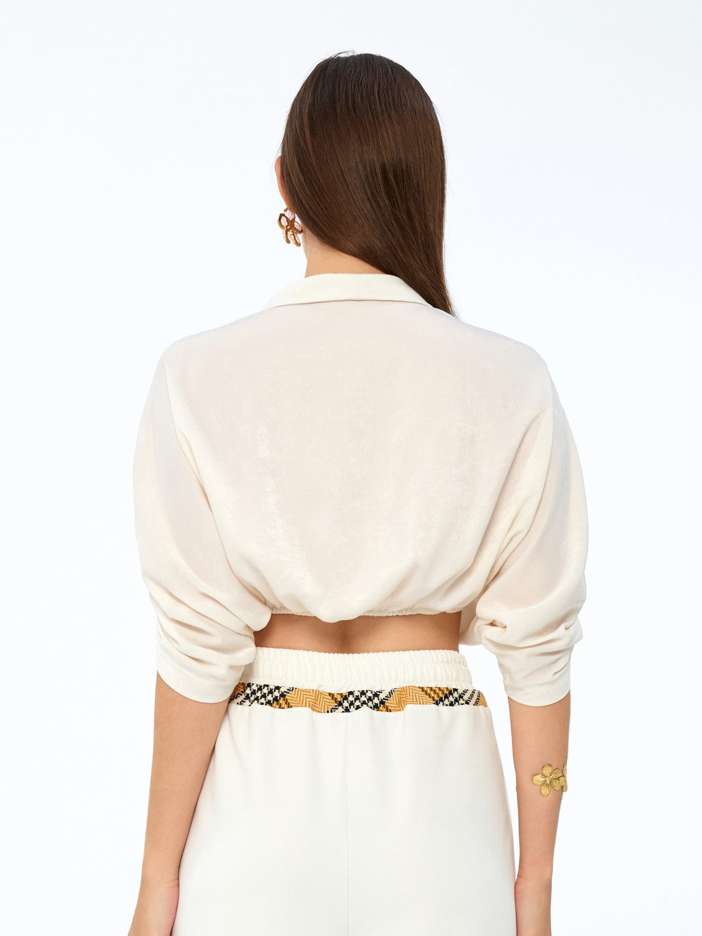 Ekru - Farren Kruvaze Crop Bluz - FRN91141 - Model on white - back/side