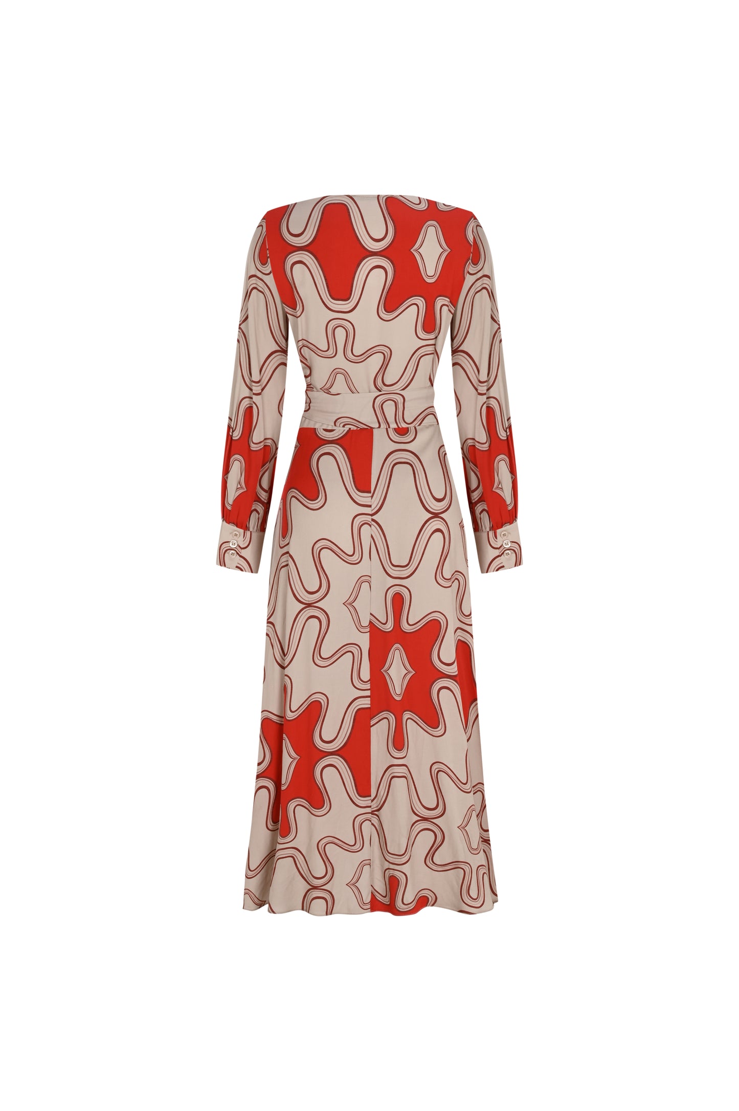 Bej-Kırmızı Desenli Viskon Maxi Elbise