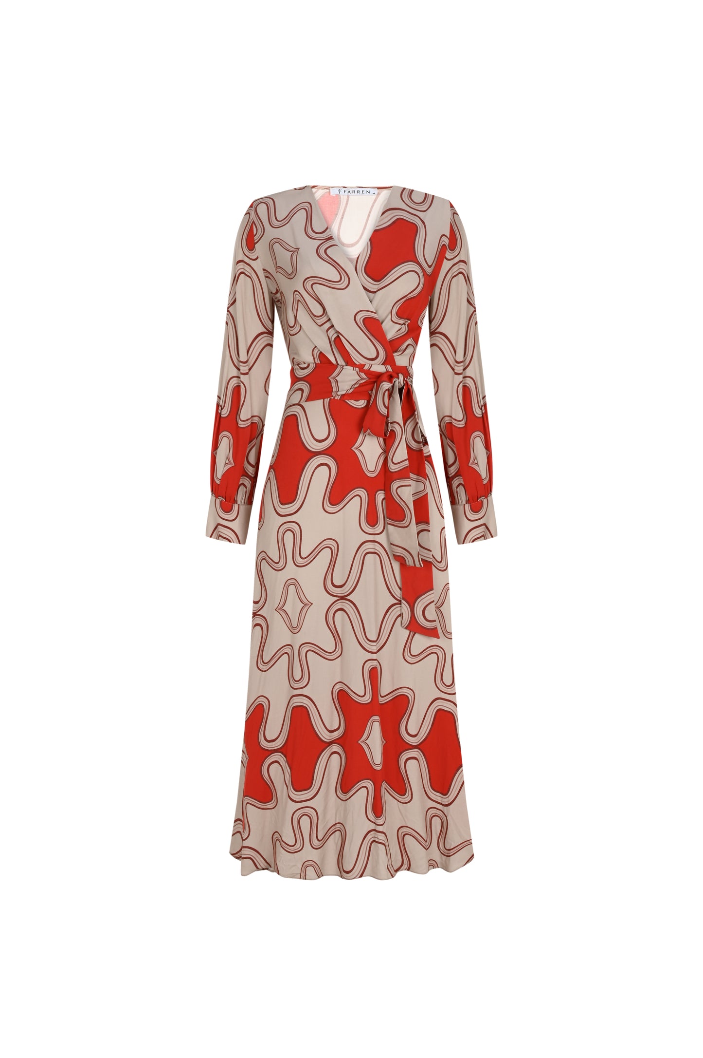 Bej-Kırmızı Desenli Viskon Maxi Elbise