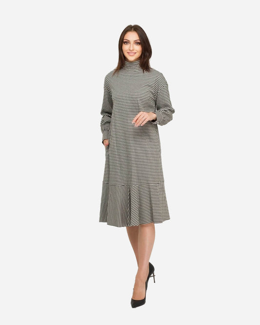 Siyah Kazayağı Desenli Elbise