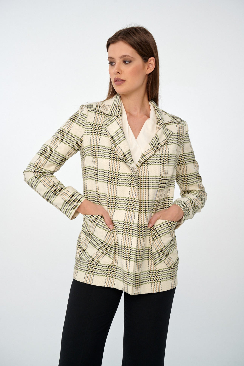 Ekru-Haki - Farren Ekose Kruvaze Blazer Ceket - FRN9145 - Model on white - side