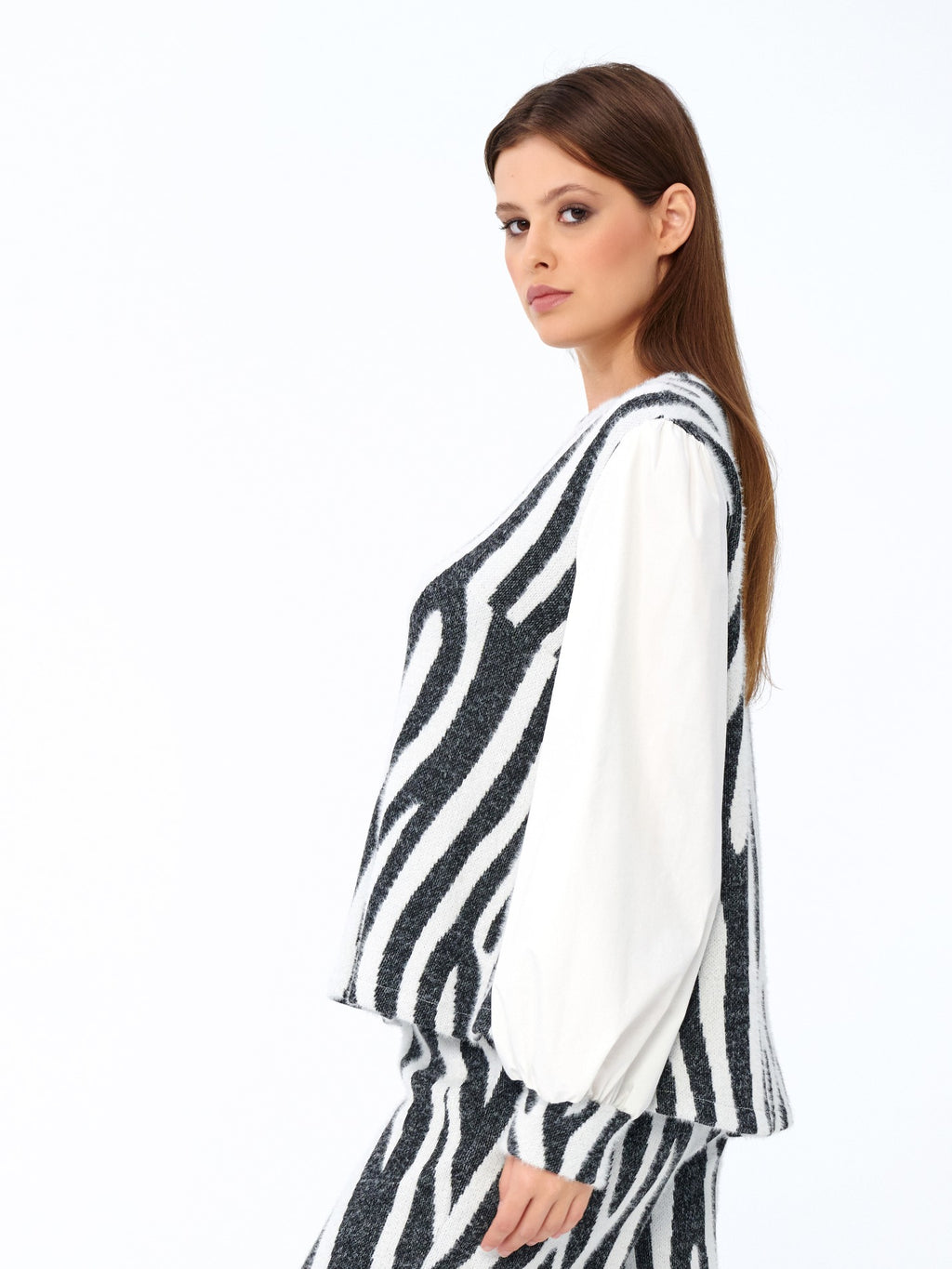 Siyah-Ekru - Farren Zebra Desenli Balon Kollu Triko Bluz - FRN91031 - Model on white - side