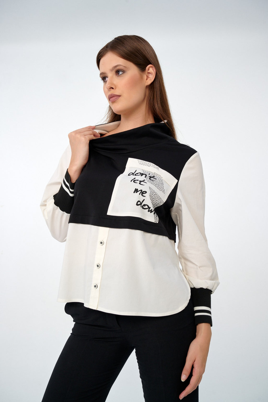 Siyah-Ekru - Farren Şal Yaka Renk Bloklu Yazı Cepli Gömlek - FRN9123 - Model on white - side