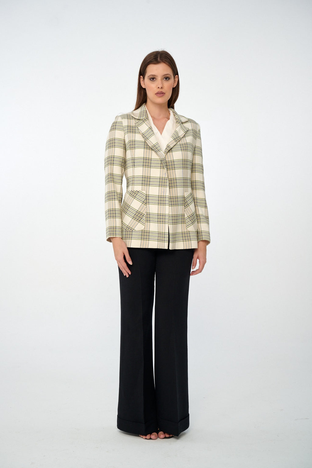 Ekru-Haki - Farren Ekose Kruvaze Blazer Ceket - FRN9145 - Editorial detail