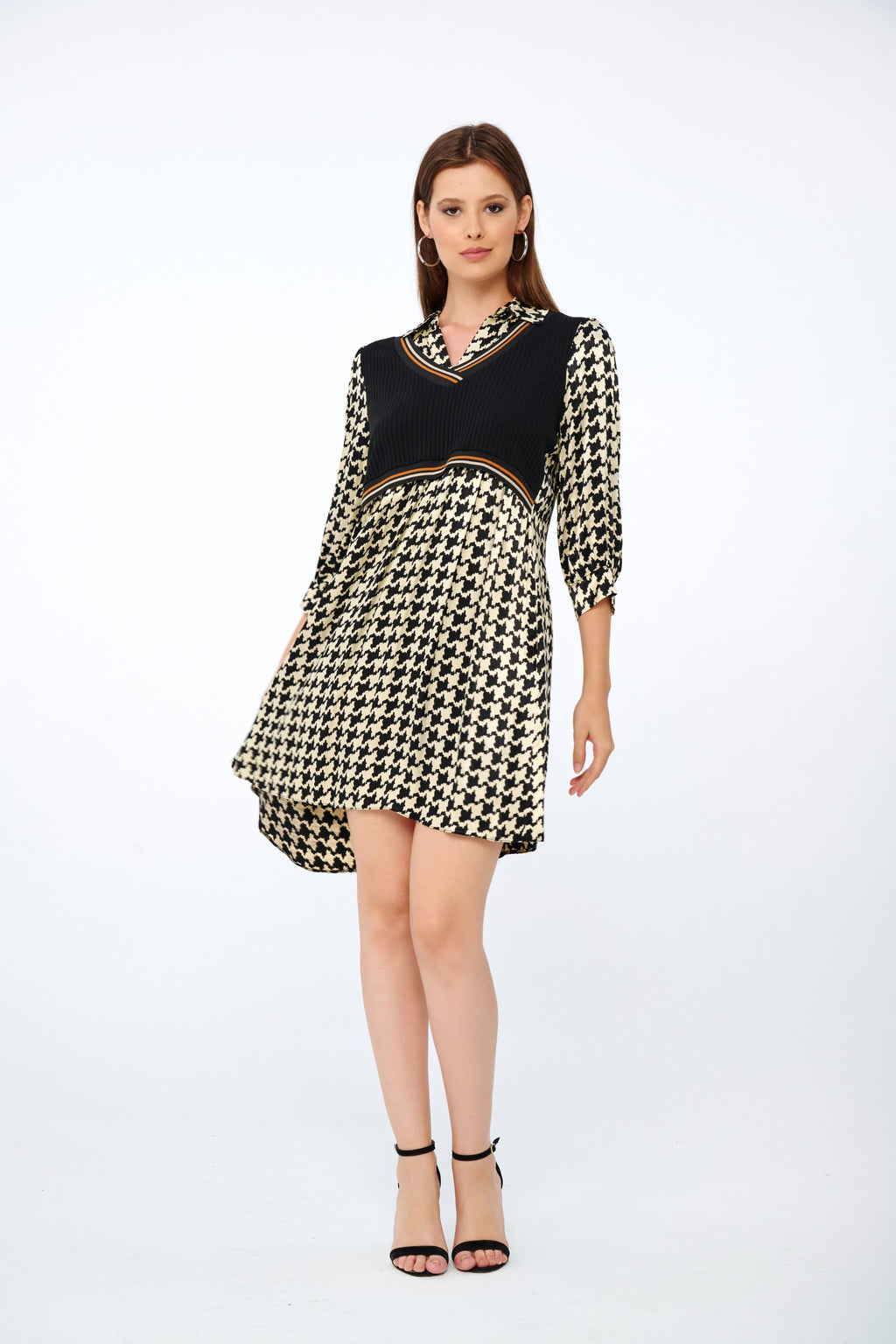 Siyah-Ekru - Farren Kaz Ayağı Desenli Yelek Görünümlü Gömlek Elbise - FRN9120 - Lookbook