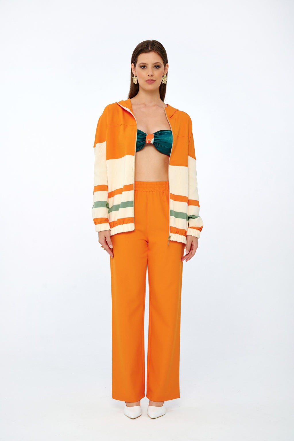 Turuncu-Ekru - Farren Çizgili Kapüşonlu Triko Hırka - FRN91151 - Lookbook