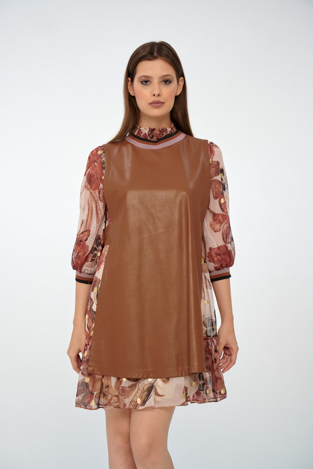 Konyak - Farren Deri Görünümlü Kolsuz Jile Elbise - FRN91212 - Lookbook