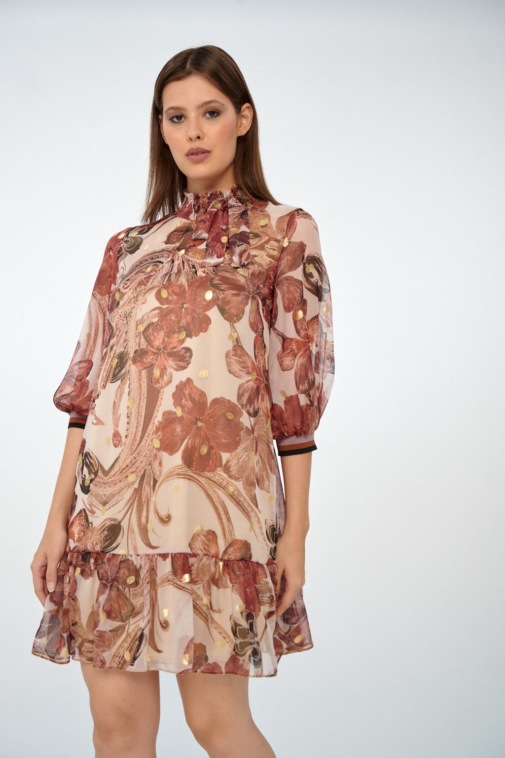 Pudra-Bordo - Farren Çiçek Desenli Dik Yaka Balon Kollu Şifon Elbise - FRN91211 - Lookbook