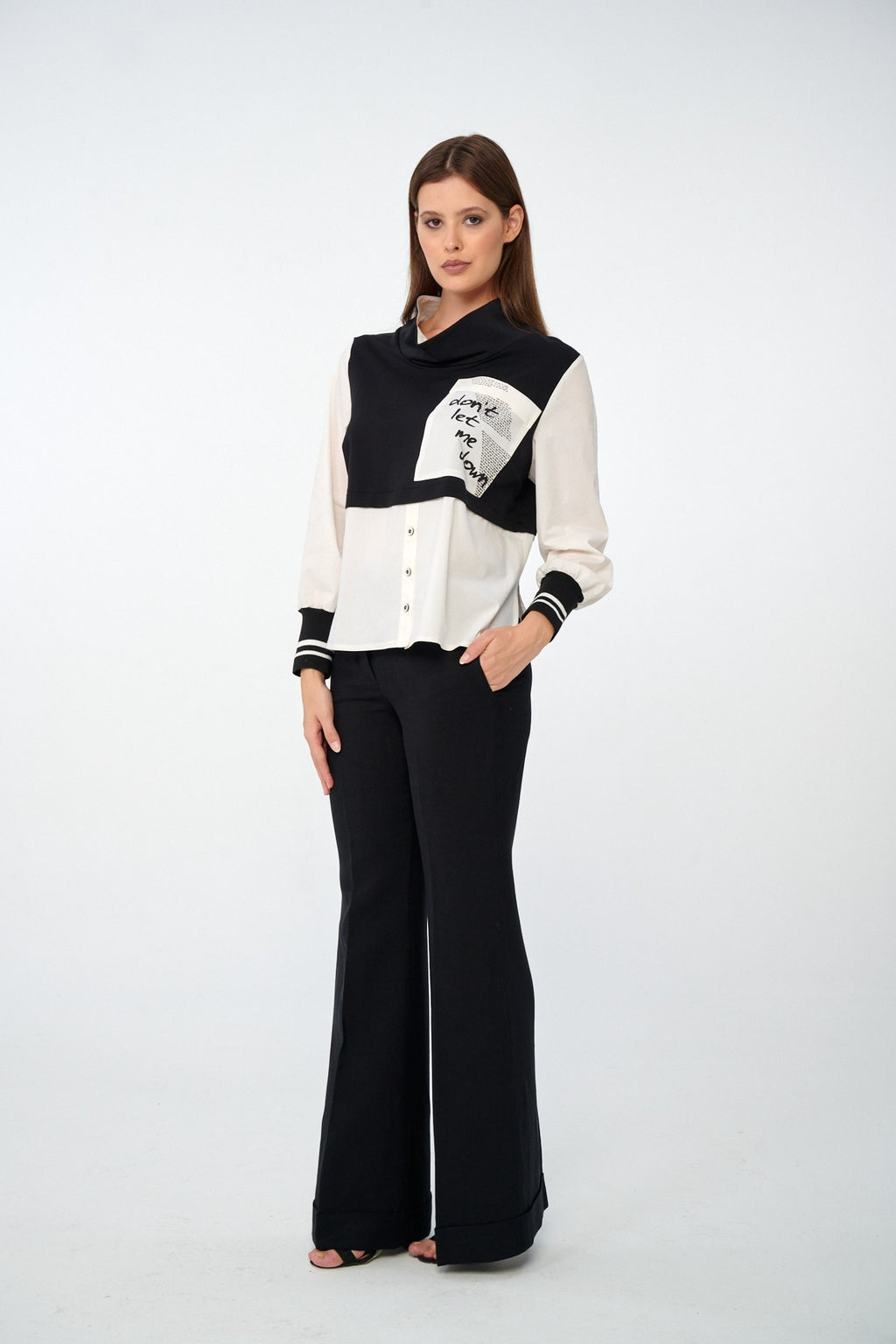 Siyah-Ekru - Farren Şal Yaka Renk Bloklu Yazı Cepli Gömlek - FRN9123 - Lookbook