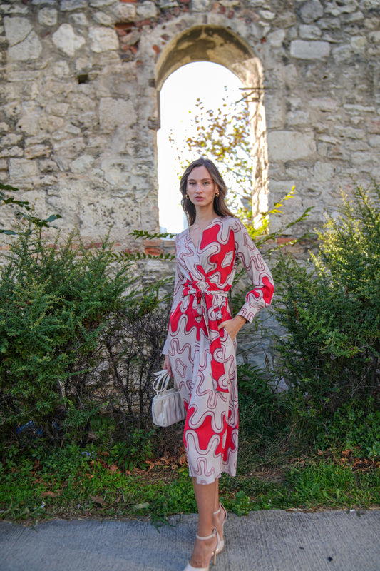 Bej-Kırmızı Desenli Viskon Maxi Elbise