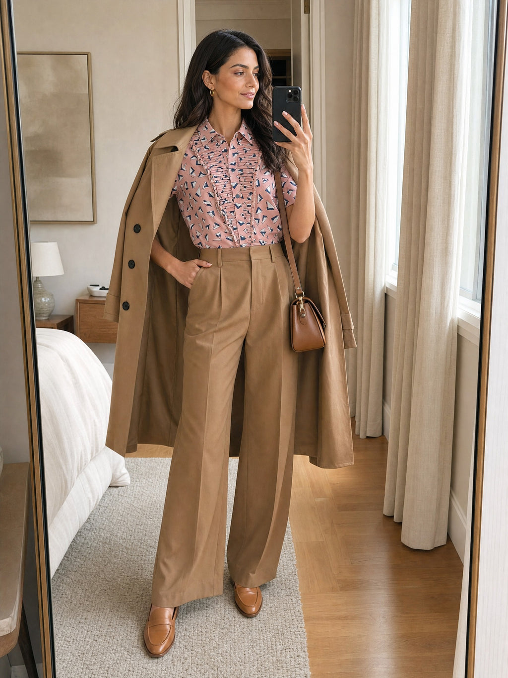 Toz Pembe - Farren Fırfırlı Kısa Kollu Poplin Gömlek - FRN100825 - ayna selfie, camel pantolon ve trençle