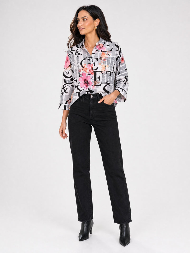 Baskılı Oversize Poplin Gömlek · Siyah-Beyaz