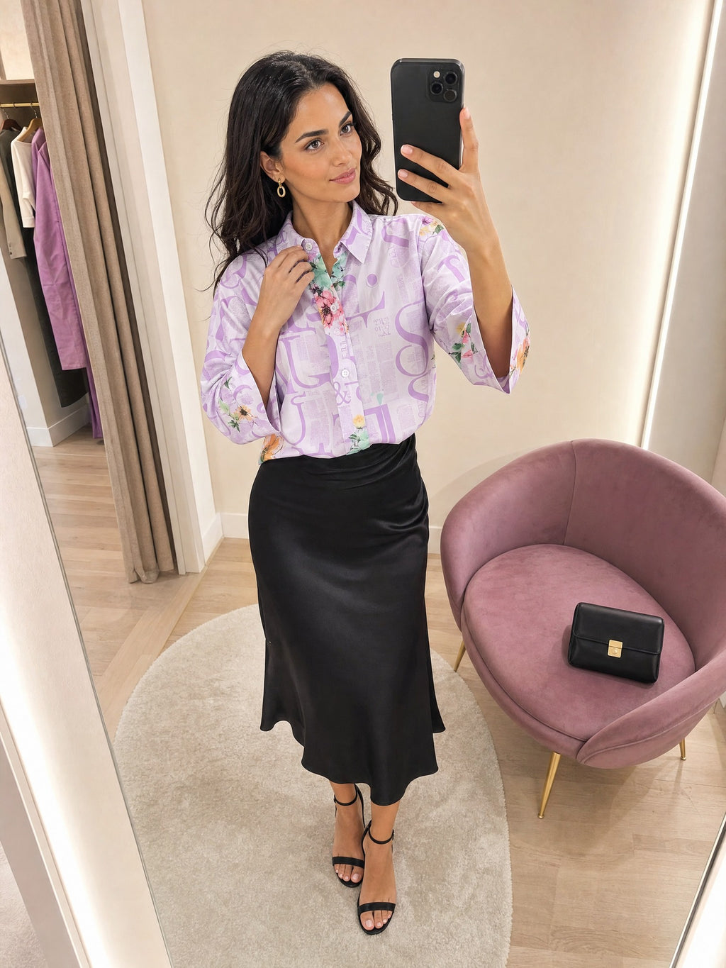 Lila - Farren Floral Desenli Poplin Gömlek - FRN1010125 - ayna selfie, saten midi etekle