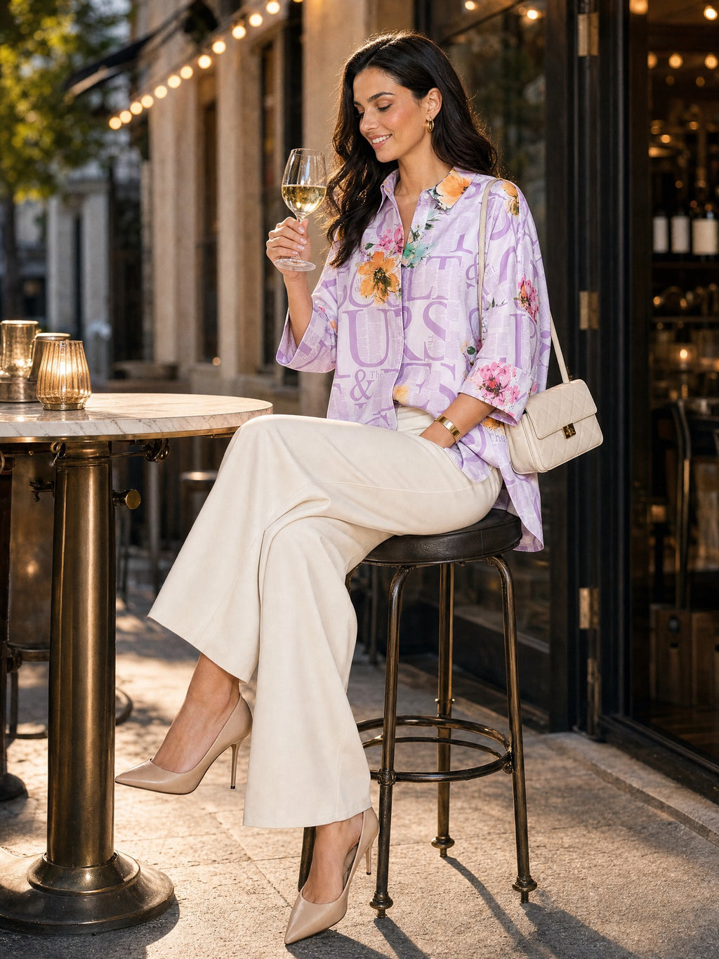 Lila - Farren Floral Desenli Poplin Gömlek - FRN1010125 - krem pantolonla akşam terasında