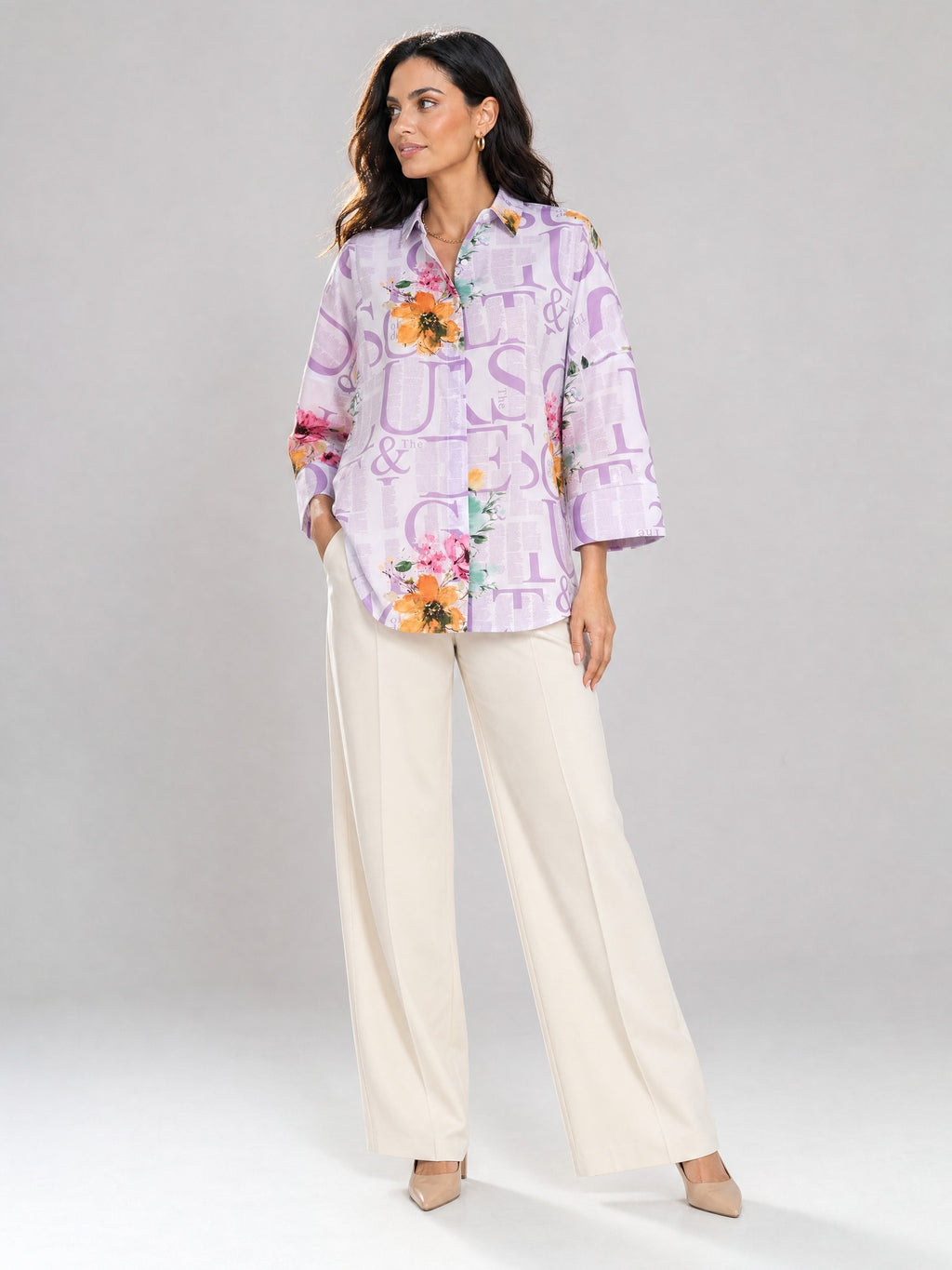 Lila - Farren Floral Desenli Poplin Gömlek - FRN1010125 - Model on white - front