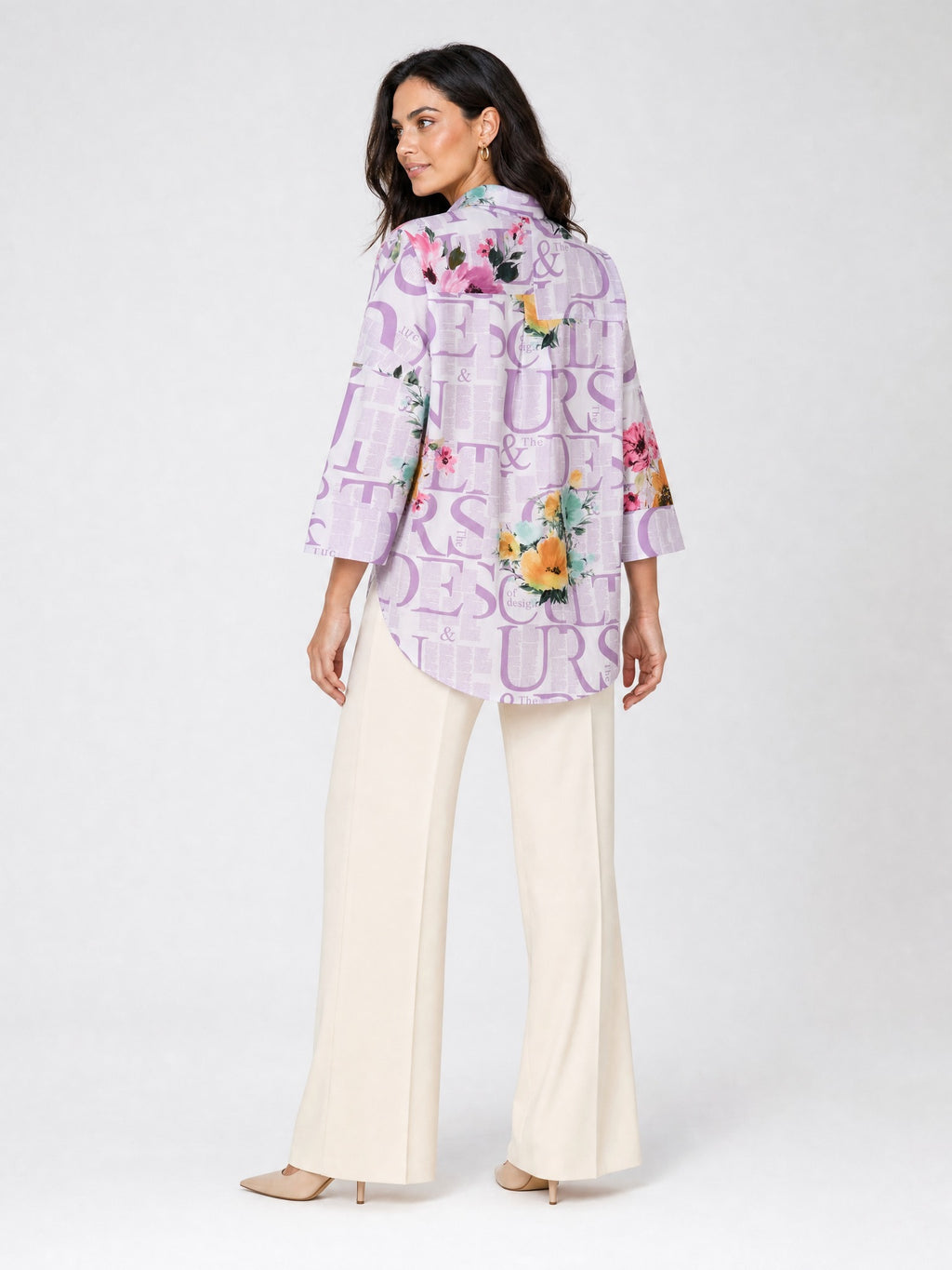 Lila - Farren Floral Desenli Poplin Gömlek - FRN1010125 - Model on white - back/side