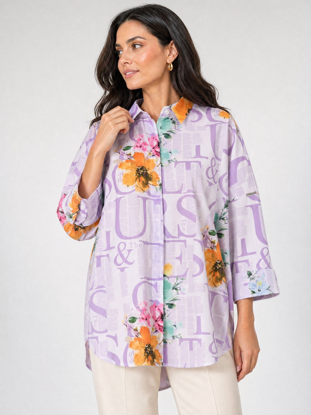 Lila - Farren Floral Desenli Poplin Gömlek - FRN1010125 - Editorial waist-up detail