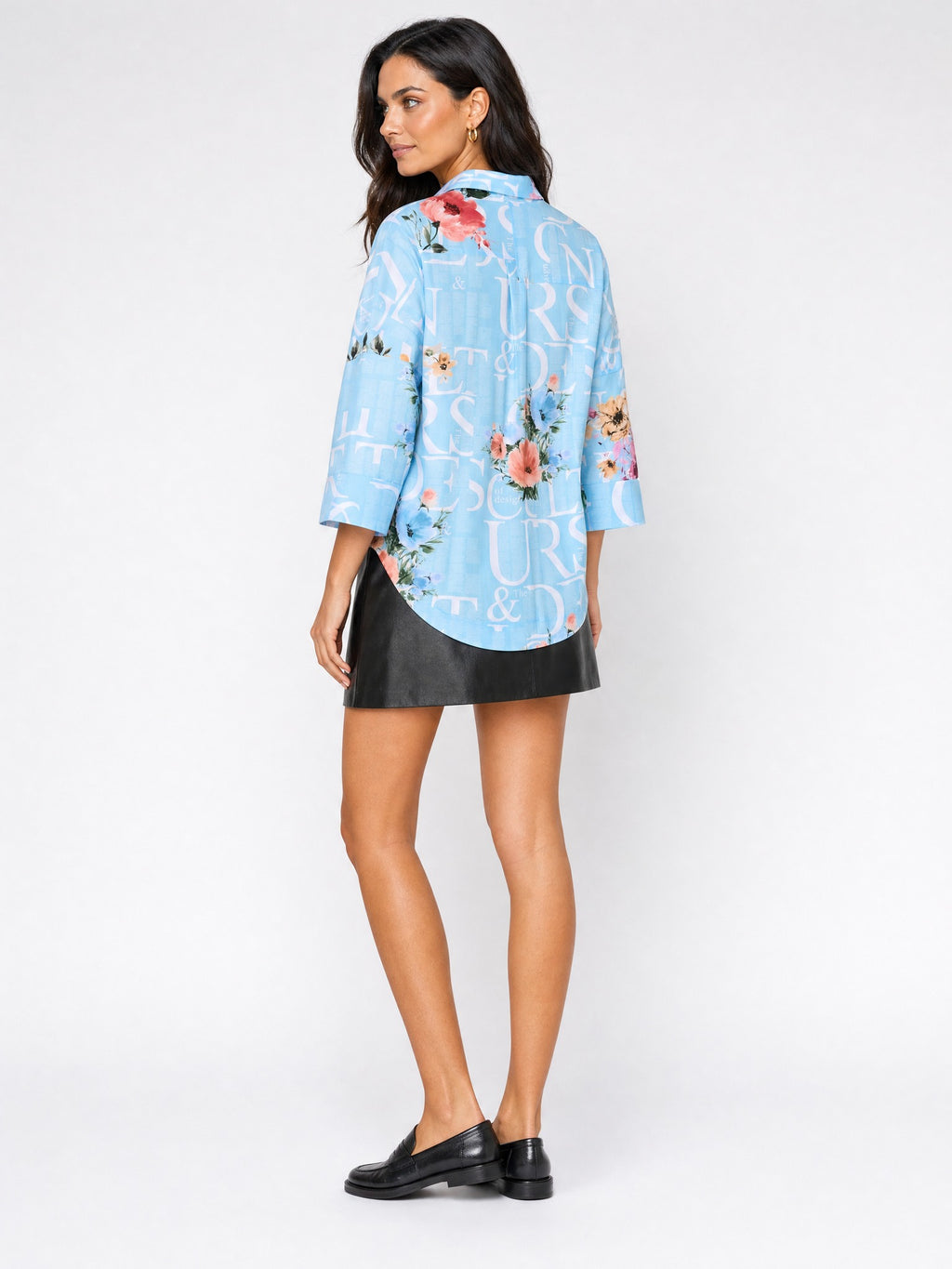 Buz Mavisi - Farren Floral Desenli Poplin Gömlek - FRN1010125 - Model on white - back/side