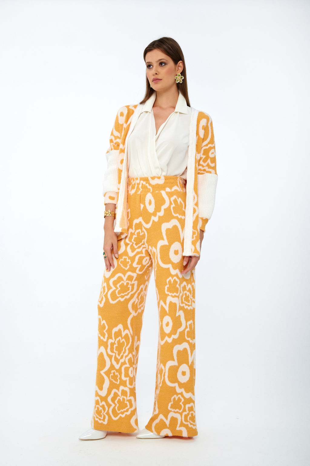 Hardal-Ekru - Farren Çiçek Desenli Uzun Triko Hırka - FRN91011 - Lookbook takım