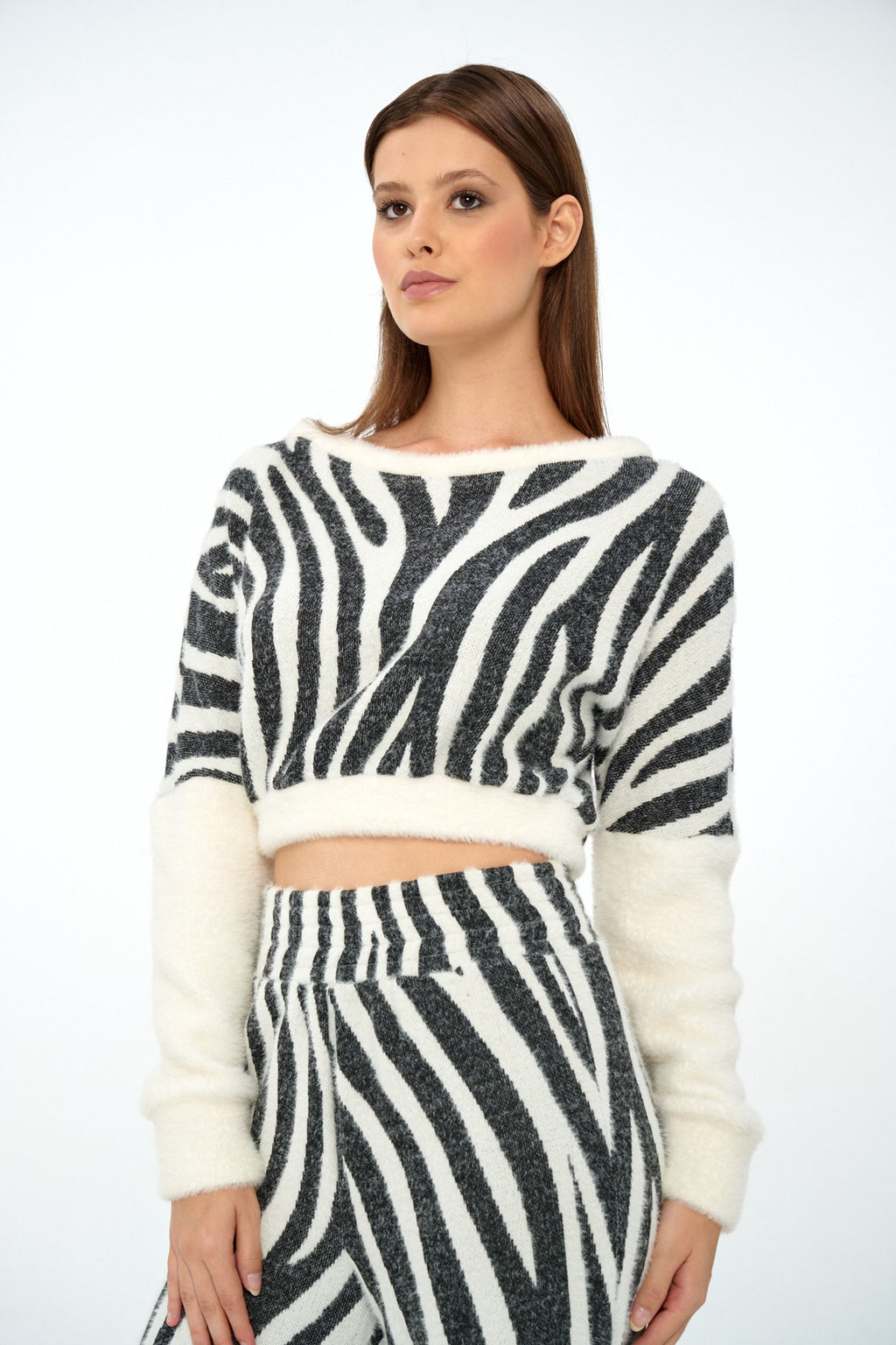 Siyah-Ekru - Farren Zebra Desenli Crop Triko Kazak - FRN91001 - Editorial waist-up detail 2