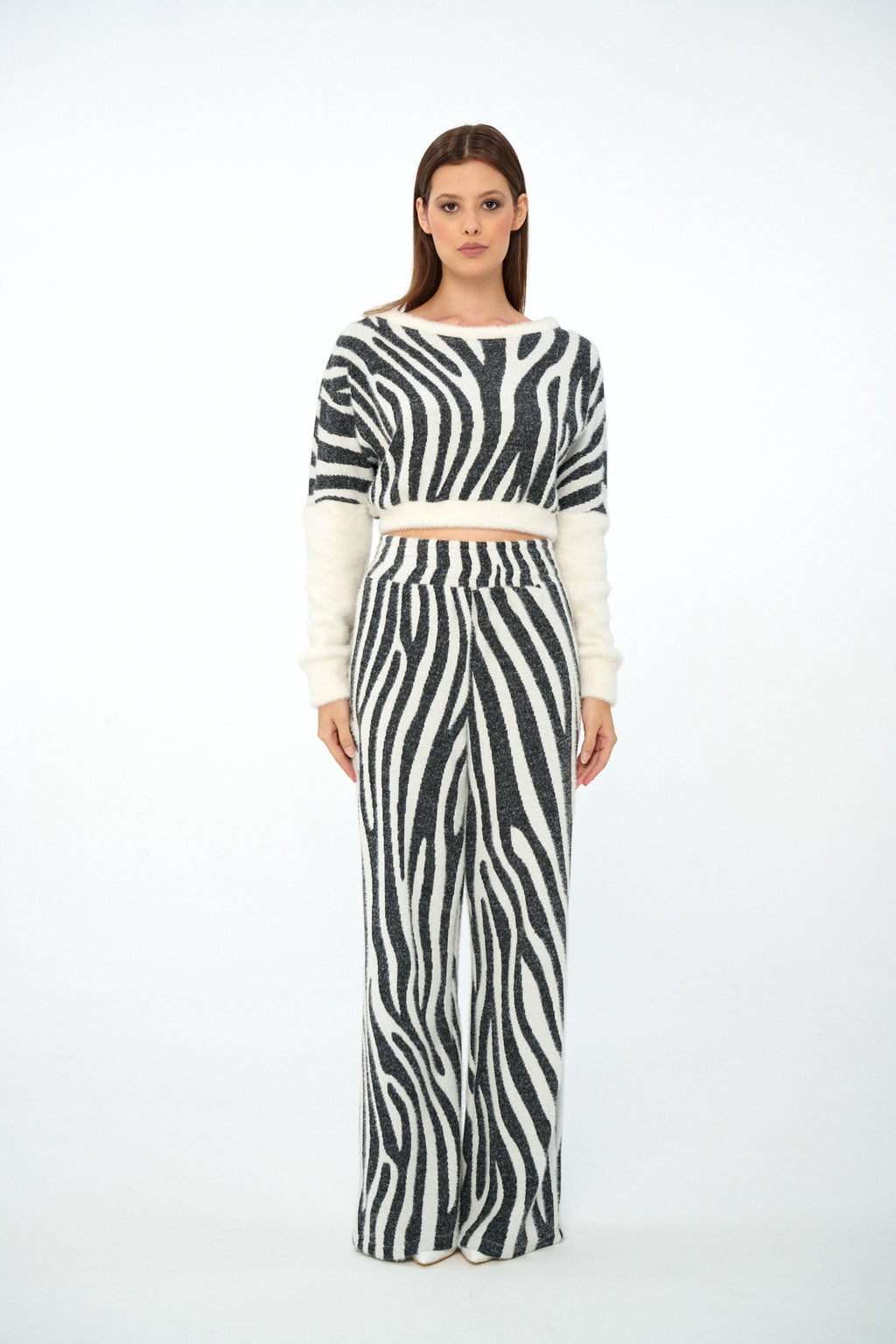 Siyah-Ekru - Farren Zebra Desenli Crop Triko Kazak - FRN91001 - Lookbook takım