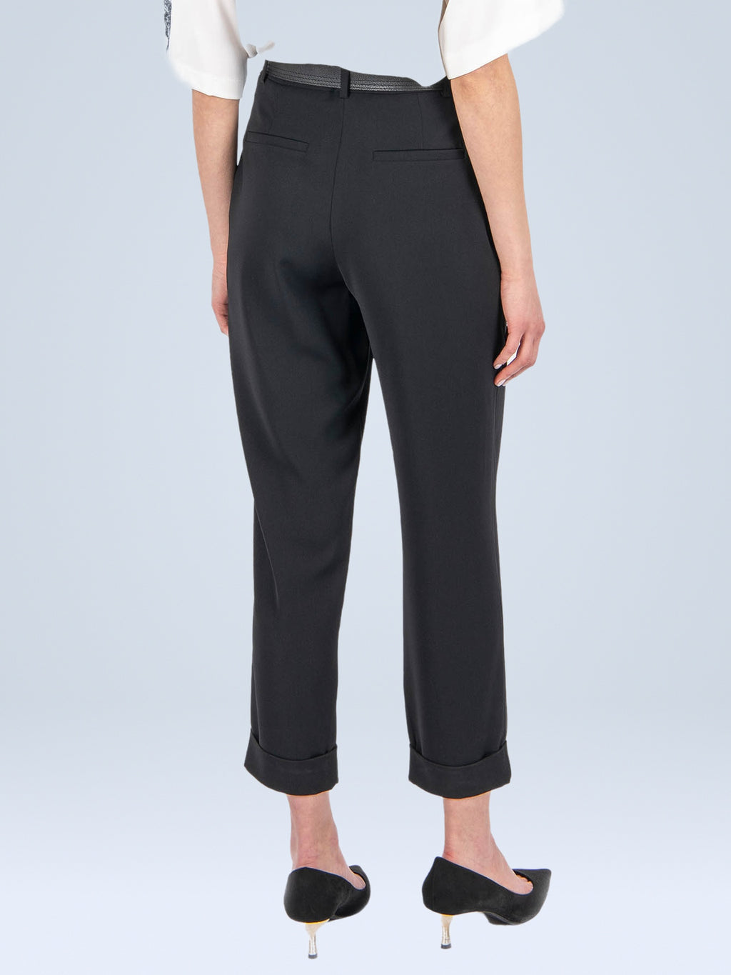 Siyah - Farren Duble Paça Pilili Yüksek Bel Pantolon - FRN200025 - Model on white - back/side