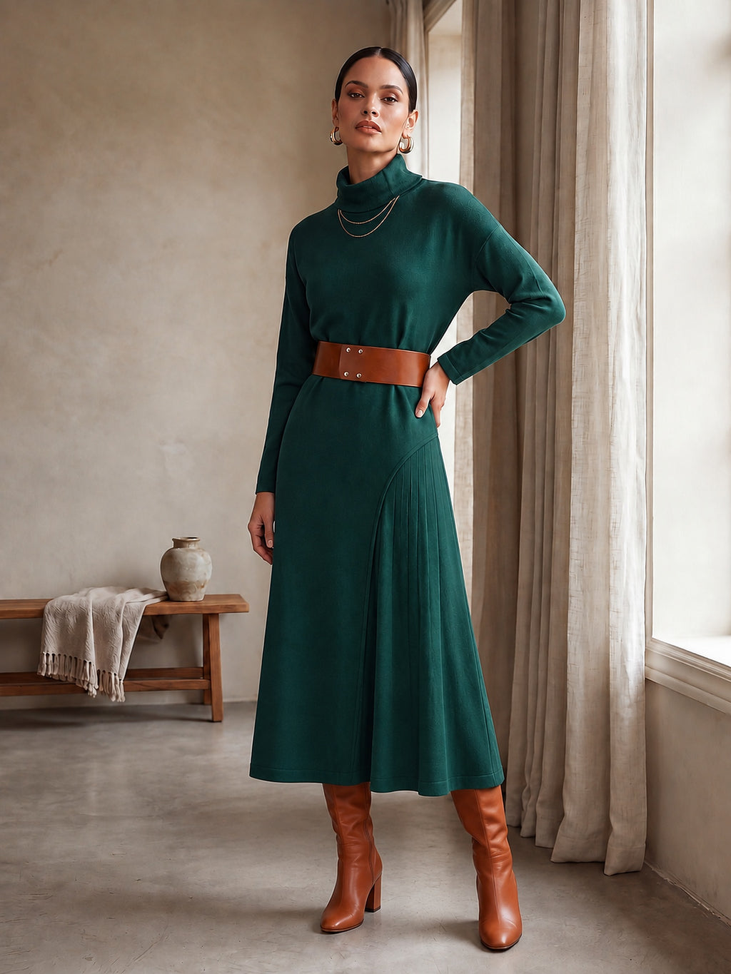 Şişe Yeşili - Farren Balıkçı Yaka Kemerli A Form Örme Elbise - FRN313525 - Lookbook editorial interior