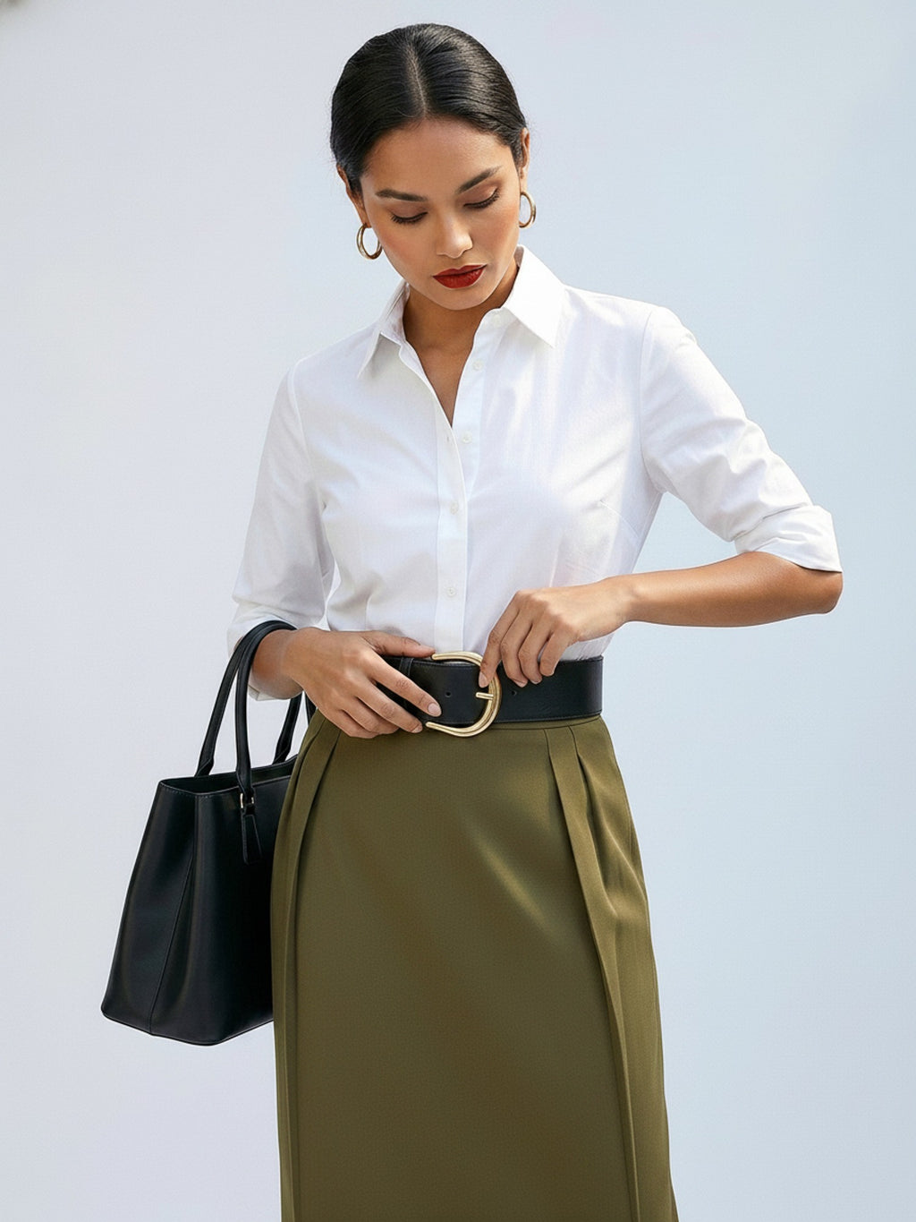 Haki - Farren Yüksek Bel Ön Pileli Etek - FRN400025 - Editorial waist-up detail