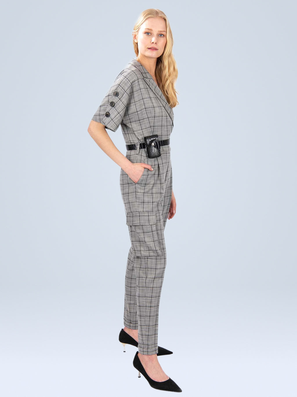 Gri - Farren Ekose Desenli Dokuma Tulum - FRN5000 - Editorial waist-up detail