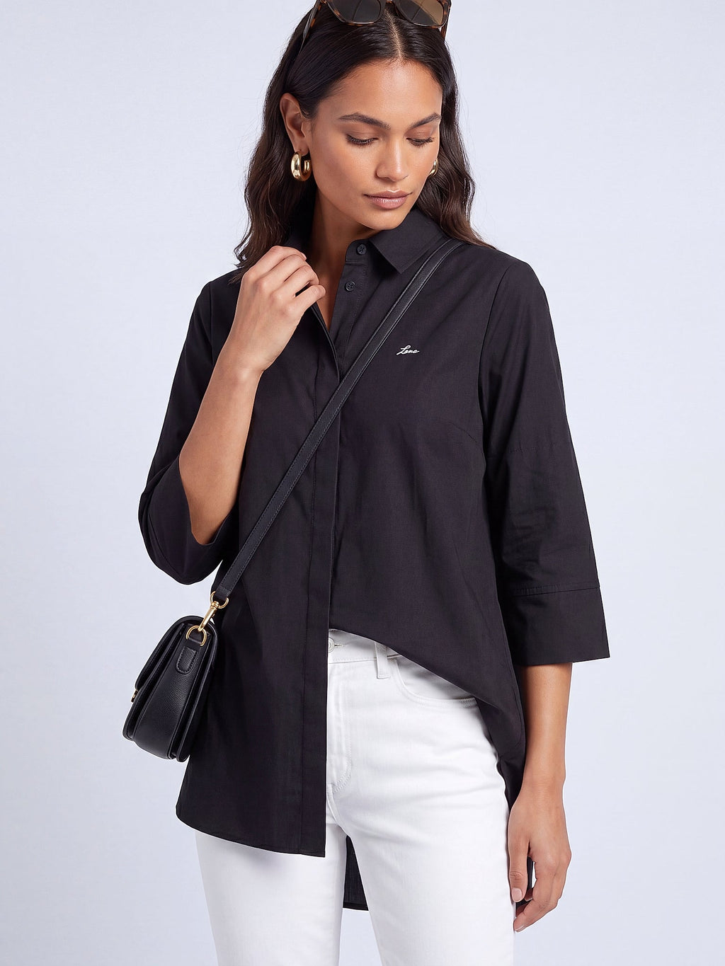 Siyah - Farren A Kesim Rahat Gömlek - FRN1100 - Editorial waist-up detail