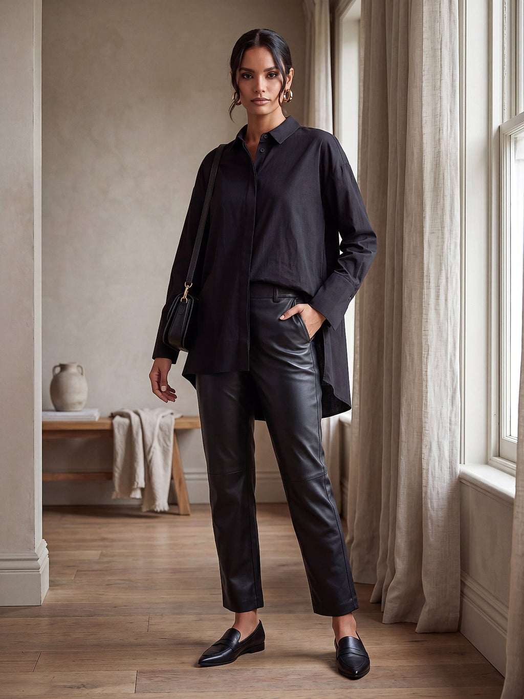 Siyah - Farren Arkası Uzun Geniş Manşetli Pamuklu Oversize Gömlek - FRN7001 - Lookbook editorial interior