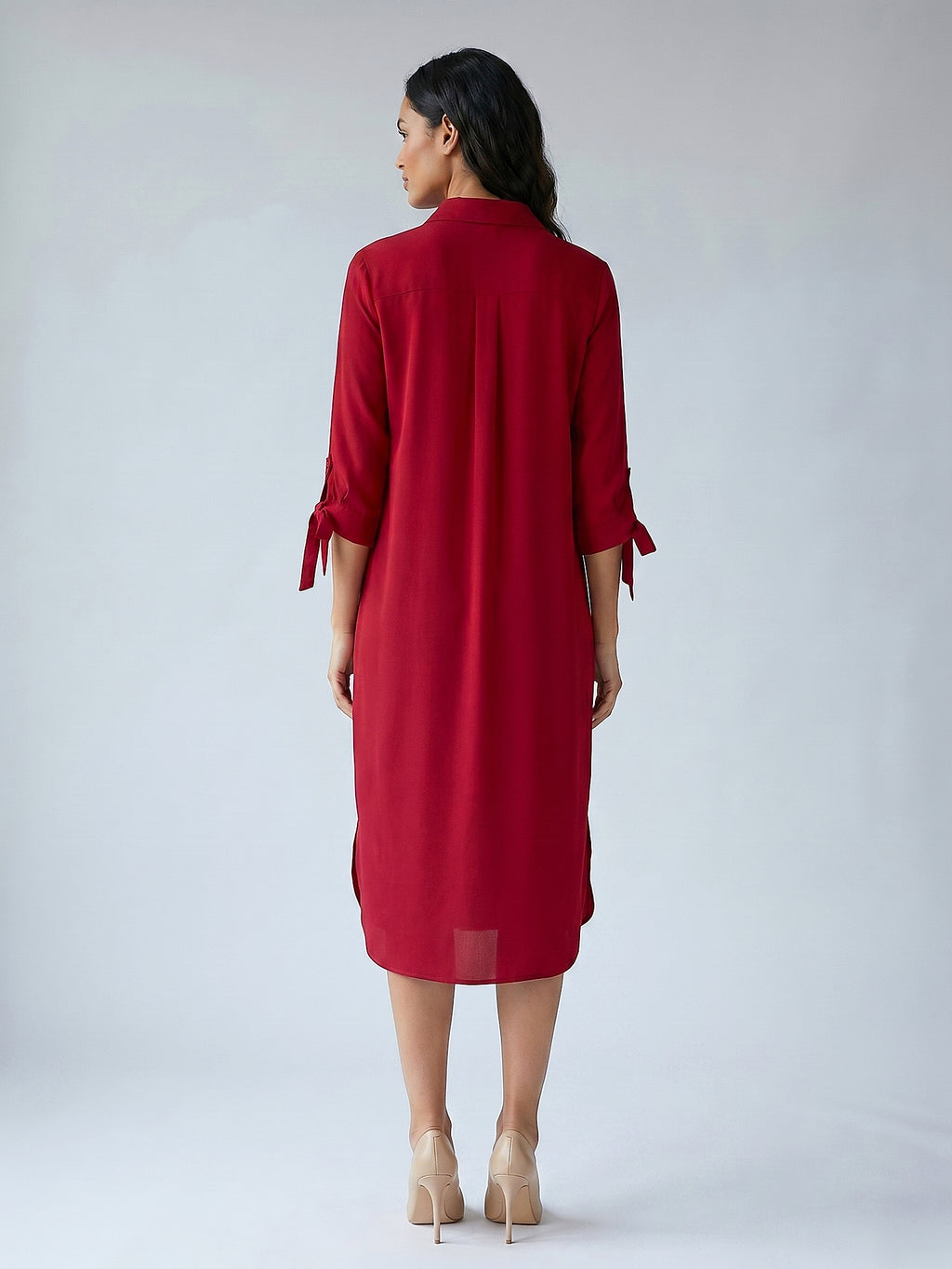Bordo - Farren Bağcık Kol Detaylı Düğmeli Diz Altı Gömlek Elbise - FRN310225 - Model on white - back/side