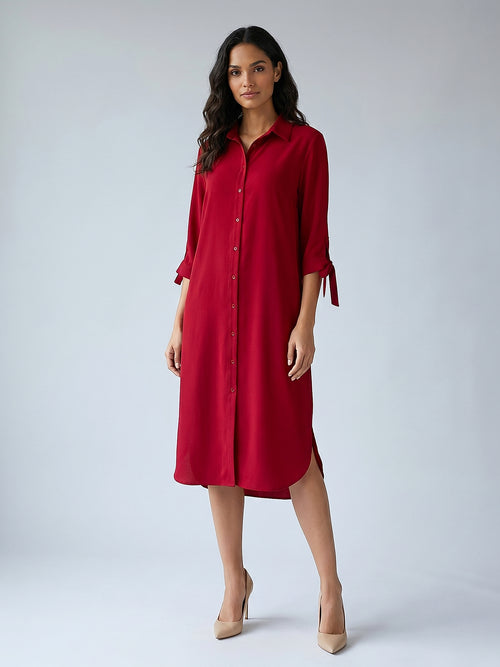 Bordo - Farren Bağcık Kol Detaylı Düğmeli Diz Altı Gömlek Elbise - FRN310225 - Model on white - front