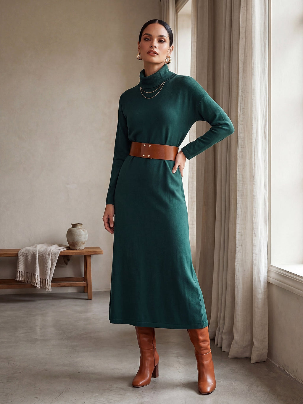 Koyu Yeşil - Farren Balıkçı Yaka Kemerli A Form Örme Elbise - FRN313525 - Lookbook editorial interior