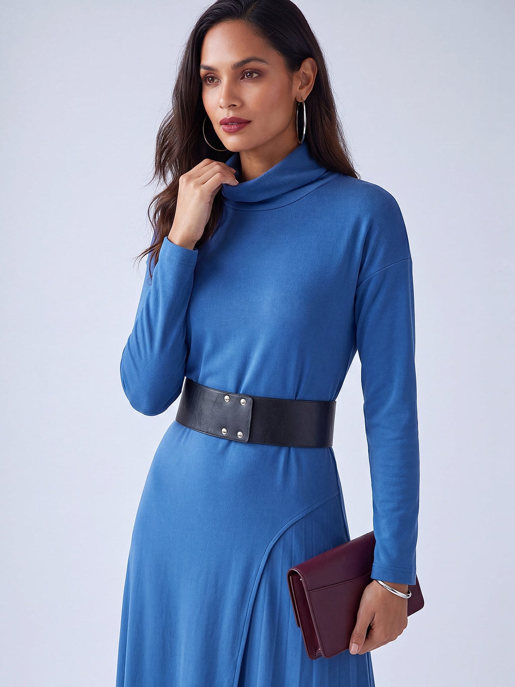 Mavi - Farren Balıkçı Yaka Kemerli A Form Örme Elbise - FRN313525 - Editorial waist-up detail