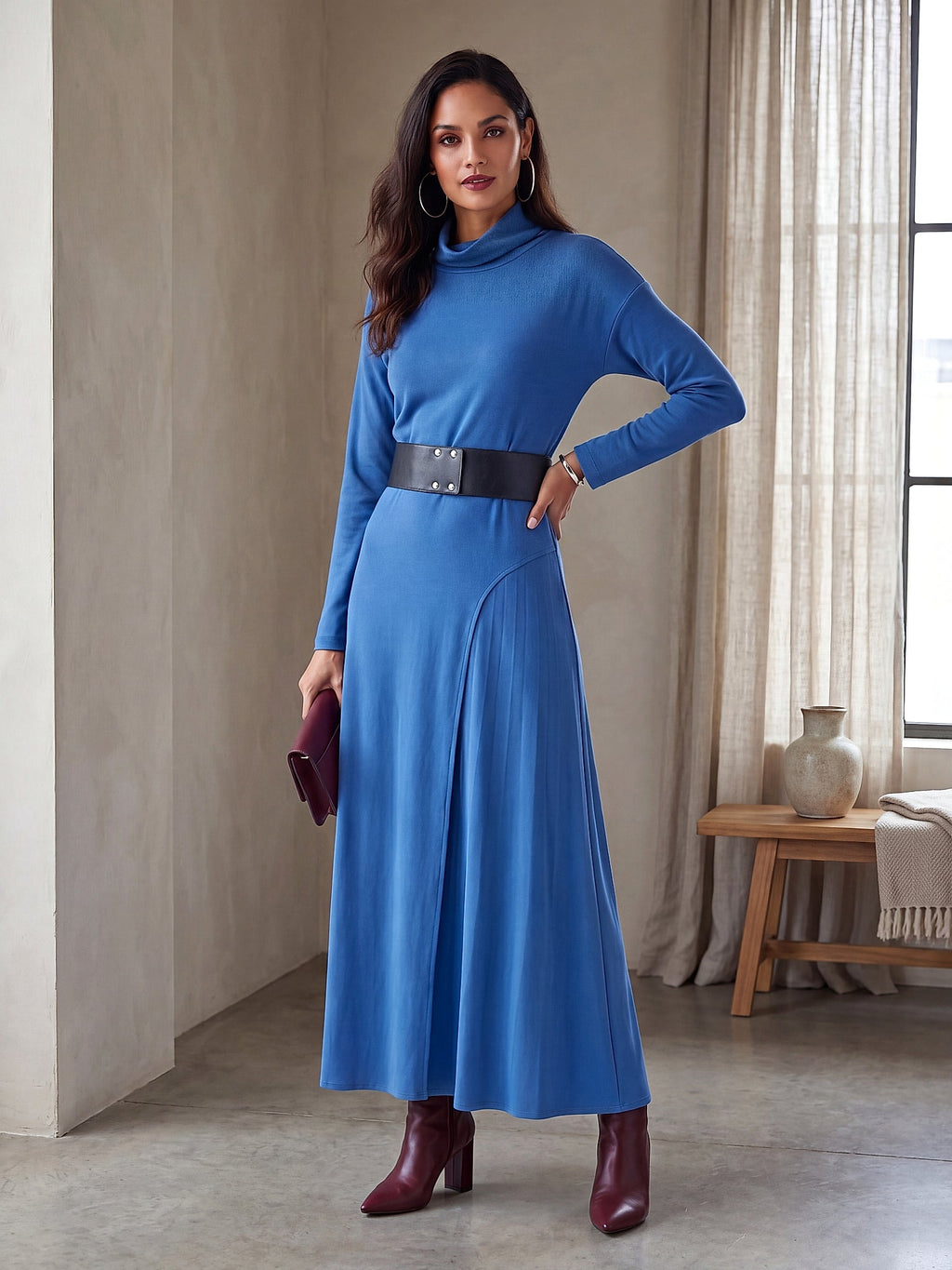 Mavi - Farren Balıkçı Yaka Kemerli A Form Örme Elbise - FRN313525 - Lookbook editorial interior