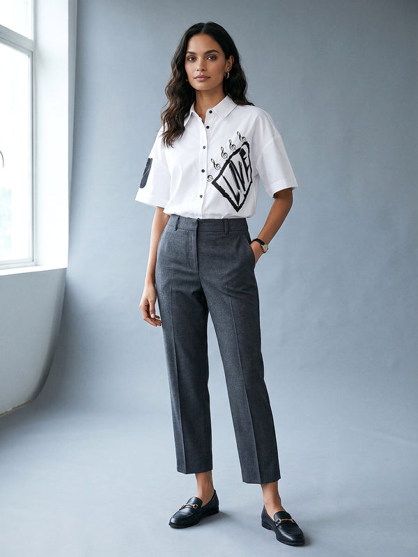 Baskılı Oversize Kısa Kol Poplin Gömlek
